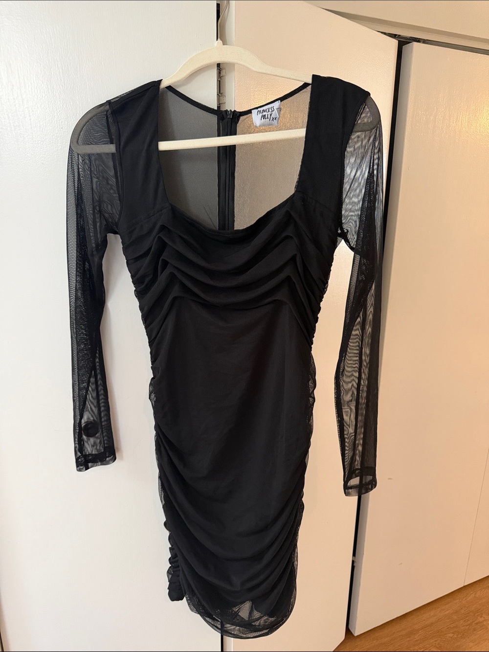 Princess Polly Black Ruched Mesh Long-Sleeve Dress